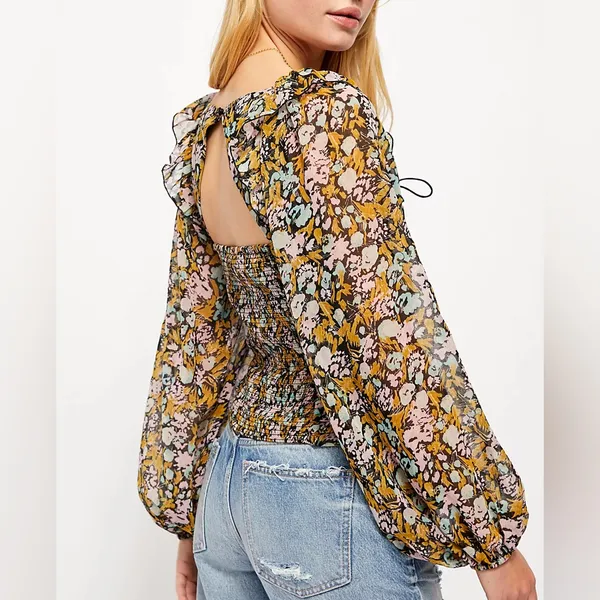 Free People Mabel Balloon Sleeve Floral Boho Blouse Women’s Size Medium - Image 3