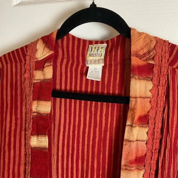 Freestyle Boho Red Striped Kimono Cardigan Open Front Duster Size 1X - Image 3