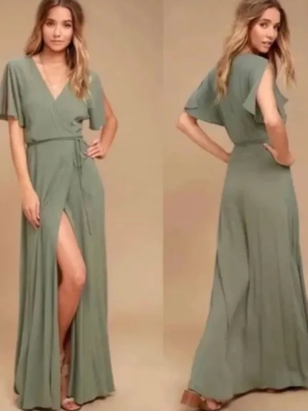 Lulus Much Obliged Washed Olive Green Wrap Maxi Dress - Image 2