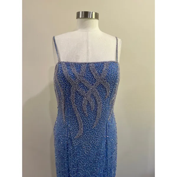 Vintage Laurence Kazar‎ Beaded Silk Gown Formal Old Hollywood Glam Blue Sz 10 - Image 4