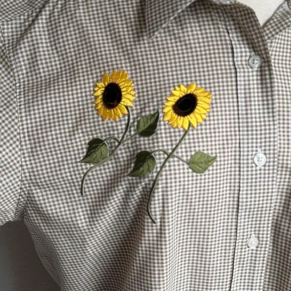 Vintage sunflower blouse Gingham Embroidered Cottagecore Button Down‎ M Yellow Size M - Image 5