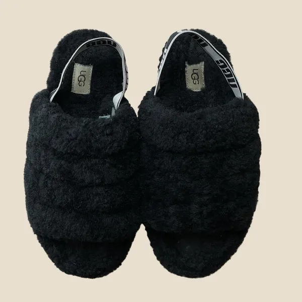 UGG Fluff Yeah Slide Black Sheepskin Platform Slingback Sandals Womens 8 1095119 - Image 5