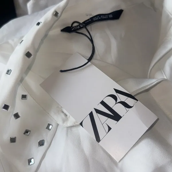 NWT ZARA Embellished Long Sleeve Chiffon Button Up Shirt White Medium - Image 10
