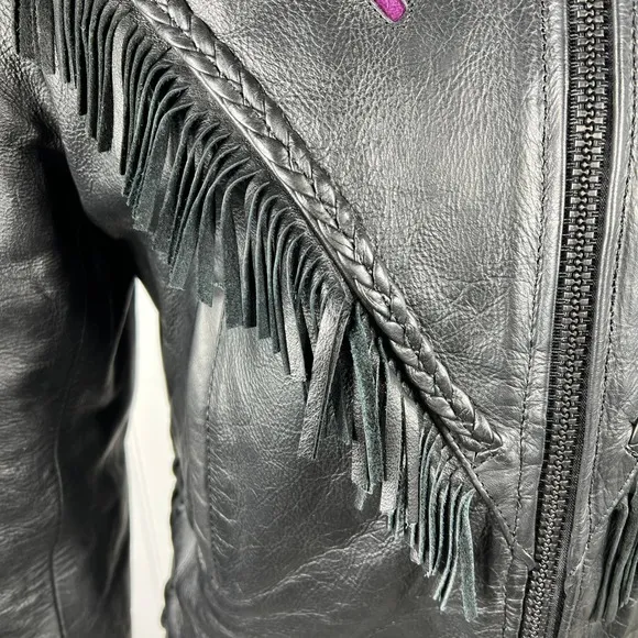 UNIK Leather Fringe‎ Biker Jacket Small Black Purple Rose Inlay Motorcycle Goth - Image 10