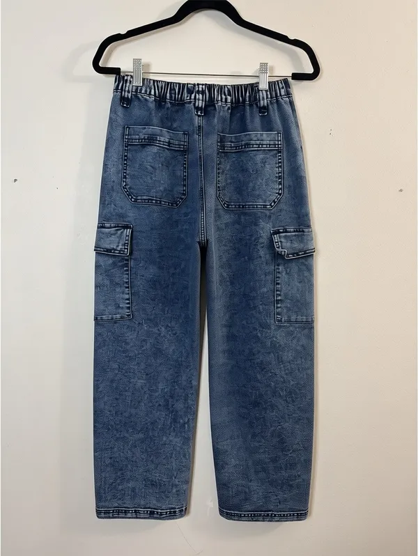 Madden Girl Women's Acid Wash Wide Leg Cargo Jeans Size M Blue Y2K - Image 2