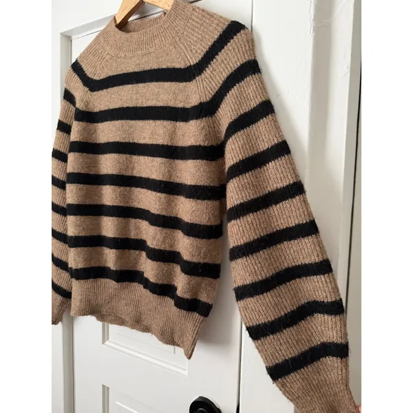 Mango MNG Striped Raglan Knit Sweater Camel Black Crew Neck Relaxed Fit XS - Image 13