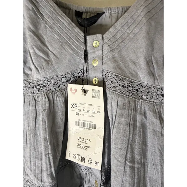 Zara TRF Grey Blue Cotton Gauze Lace Trim Boho Cami Top 0881/024/485 XS NWT - Image 4