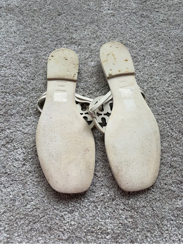 Tory Burch Knotted Miller Sandals Size 10.5M Leather Flat Heel White Logo - Image 4