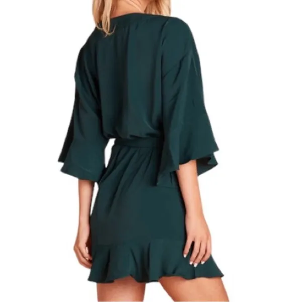 Birdy Grey Robe Dress Ruffle Detail Waist Tie Emerald Green Size M / L - Image 2