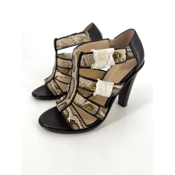 Coach Tamarah Heels Sz 6.5 Brown Snakeskin Turnlock Leather NWOT Mob Wife Caged - Image 2