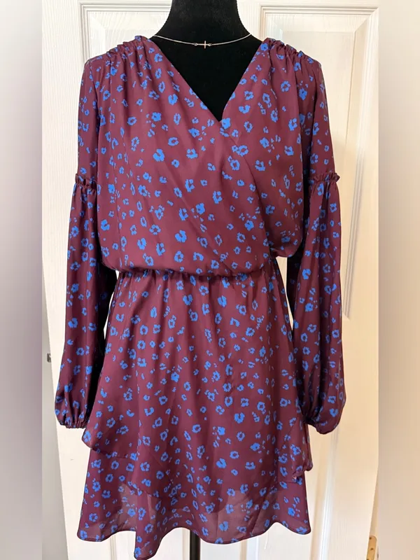 NWT Parker Surplice Ruffle Mini Dress Plum Blue Animal Print Small - Image 2