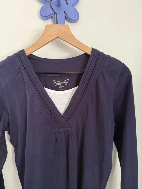 90s Y2K Petite Small Double Layered Long Sleeve Babydoll Tee Navy 2000s - Image 4
