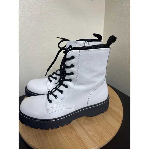 Sincerely Jules Combat Moto Boots 7.5 Harley White Black Lace Up Lug Sole - Image 5