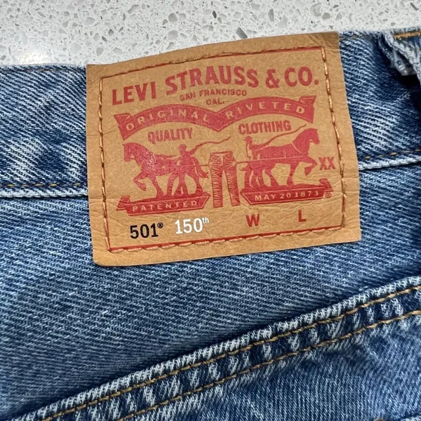 Levis Size 27 501 150 Pieced Shorts Original High Rise Denim Distressed Blue - Image 6