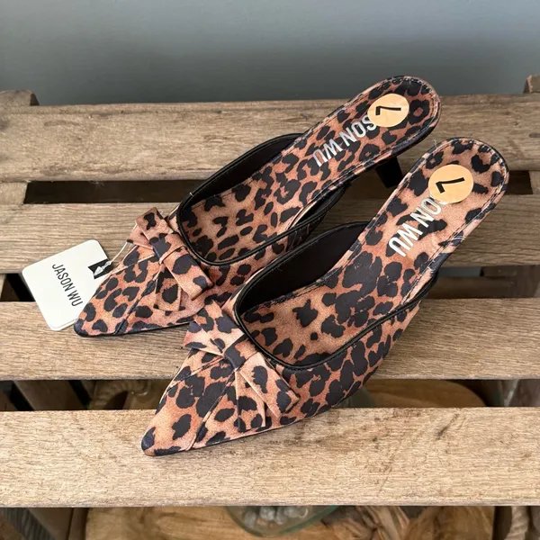 Jason Wu Leopard Print Pointed Toe Slingback Bow‎ Kitten Heels Sz 7 A39 - Image 3