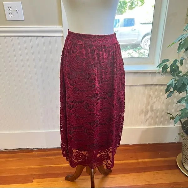 Lace Midi Skirt Burgundy Floral Scalloped Hem High Waist Size Small - Image 10