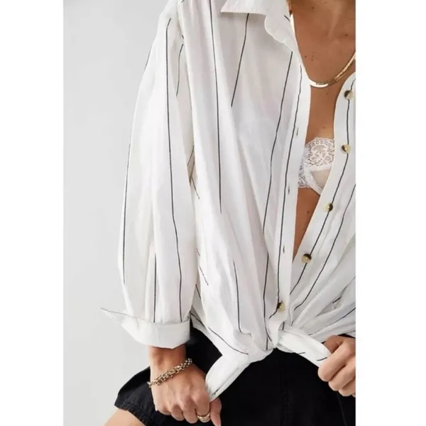 Free People Oversized Happy Hour Stripe Button Down Top White Black Small Preppy - Image 14
