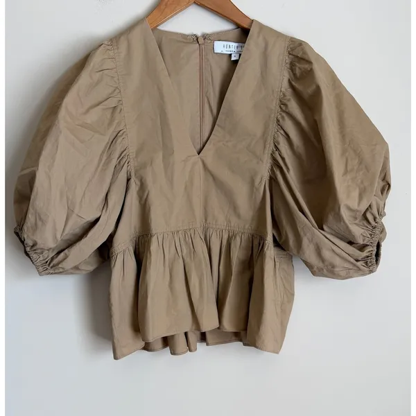 Hunter Bell Blouse Women Small Tan Puff Sleeve V-Neck Cotton 22HBCT5 - Image 2