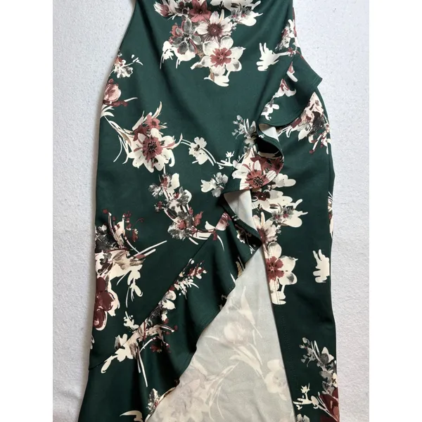 Windsor Green Floral Cowl Neck Ruffle Slit Midi Dress NWT Medium - Image 4