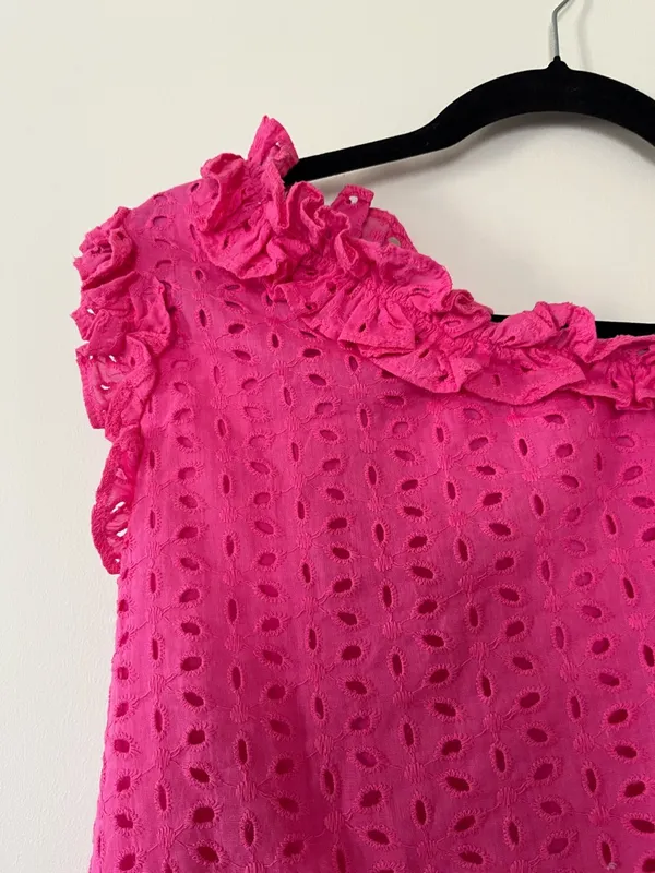 Entro Hot Pink One Shoulder Eyelet Top Small Ruffle Trim Feminine 100% Cotton Summer - Image 2
