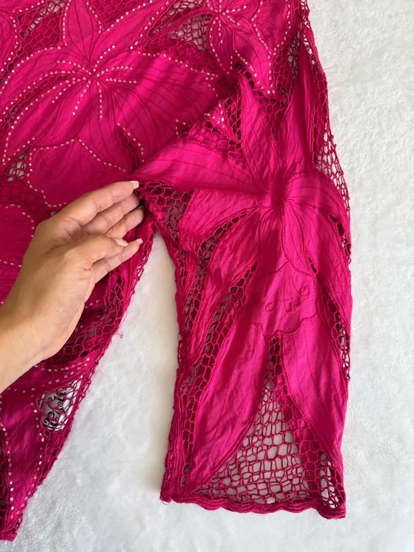 Surya Pink Beaded Sheer Floral Lace Top Boho Y2K Blouse Size L - Image 11