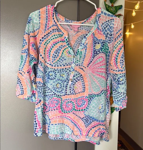 Lilly Pulitzer Womens Egret Tile Wave 100% Linen Henley Tunic Top - Image 3