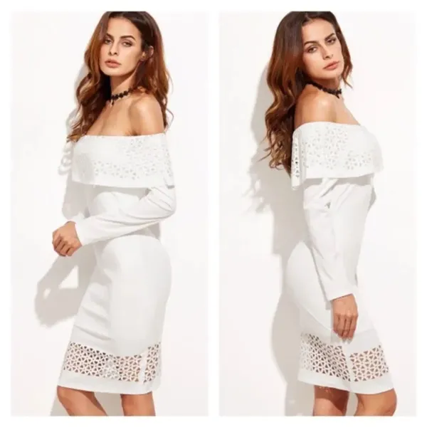 White Laser Cutout Off The Shoulder Ruffle Dress - Image 3