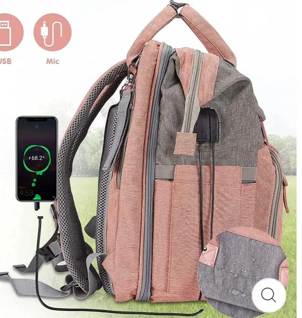 MULTI Compartment diaper bag with changing pad, USB & foldable crib Pink - Image 9