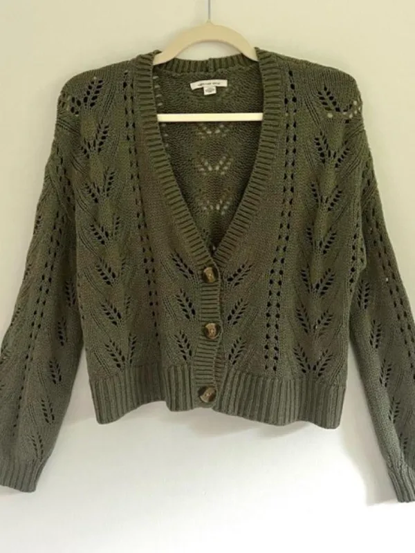 American Eagle Outfitters Olive Green Knit Cropped Cardigan - Image 2