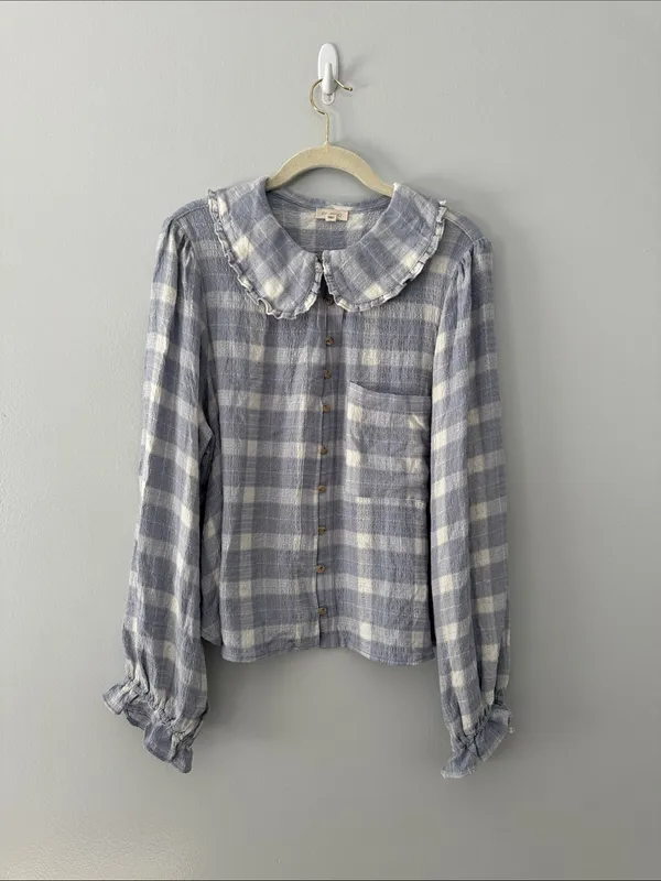 Anthropologie Pilcro Light Blue and White Plaid Top Cottagecore Prairie - Image 2