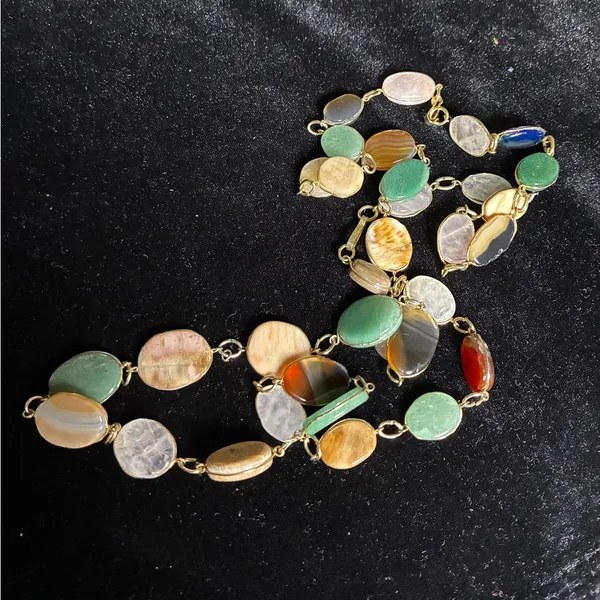 Vintage Multi Colour Agate Slice Link Necklace 34” long Green - Image 2