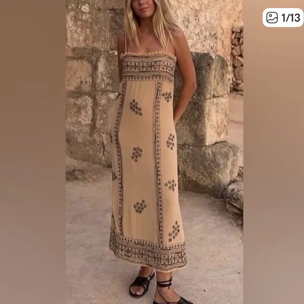 Zara NWT tan embellished beaded mesh midi maxi dress - Image 4