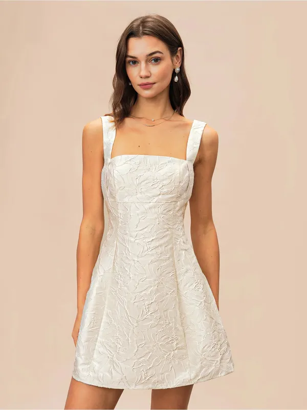 Rihoas Elegant White Jacquard Square-Neck Mini Dress - Image 3