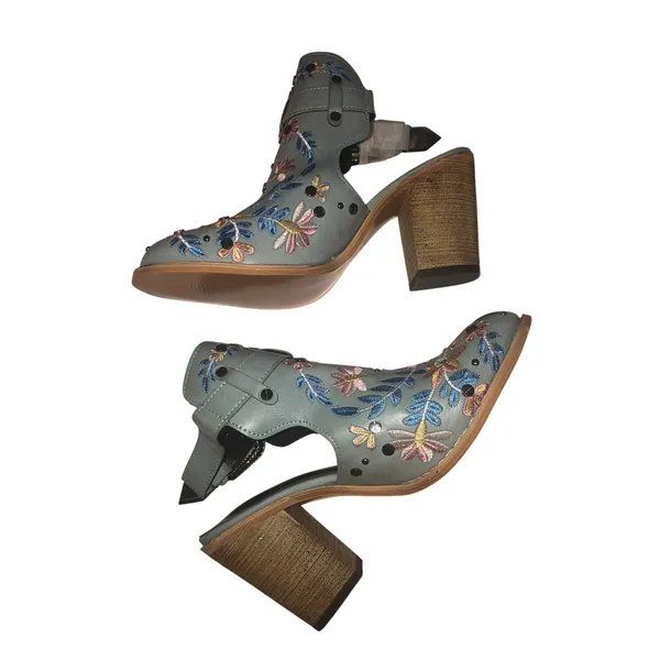 Western Mule Size 7 Blue Embroidered Chunky Block Heel Studded Ankle Strap Vegan - Image 3