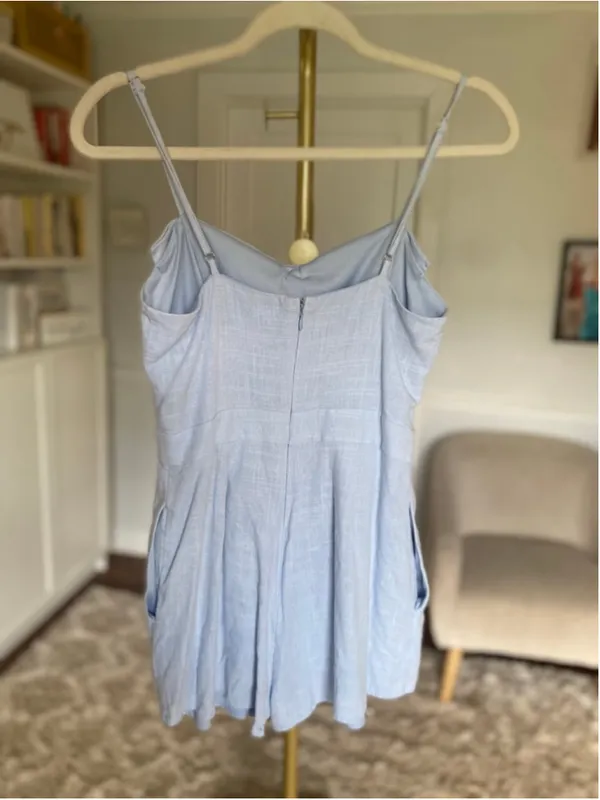Altar’d State Blue Linen Blend Bow‎ Front Romper Coquette Quiet Luxury Romantic - Image 3