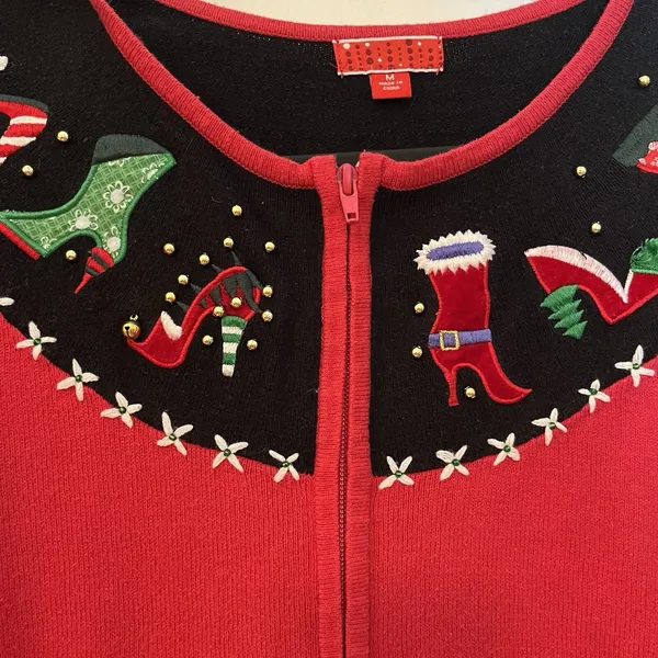 Target Vintage Zip Up‎ Red Ugly Christmas Shoes Bells Cardigan Sweater Size M - Image 5