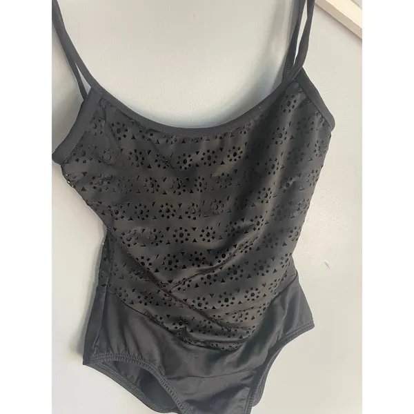 Black Eyelet Swimsuit Spaghetti Straps Lace Detail Whimsical Vacation size Small - Image 2