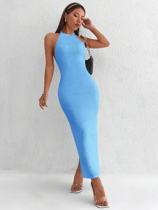 SheIn Yellow Backless Twist Back Split Hem Halter Evening Dress - Image 5