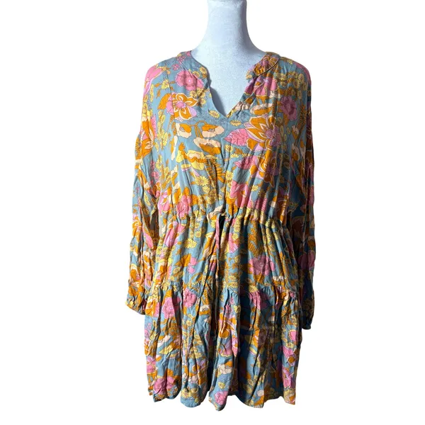 Entro Floral Mini Dress Womens Medium Blue Pink‎ Excellent Tiered Boho - Image 2
