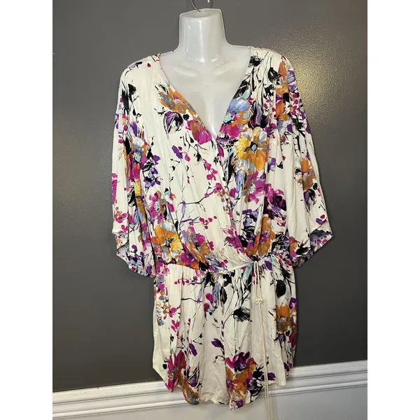 Umgee Romper Womens Large Multicolor Floral V Neck Tassel Tie 3/4 Sleeve - Image 2