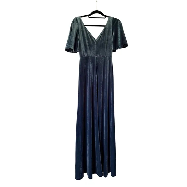 Ever-Pretty Slate Blue Velvet‎ Maxi Dress V-Neck Flutter Sleeve Formal Gown S 4 - Image 3