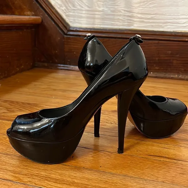 Stuart Weitzman Black‎ Patent Leather Platform Peep Toe Pumps Size 7M - Image 5