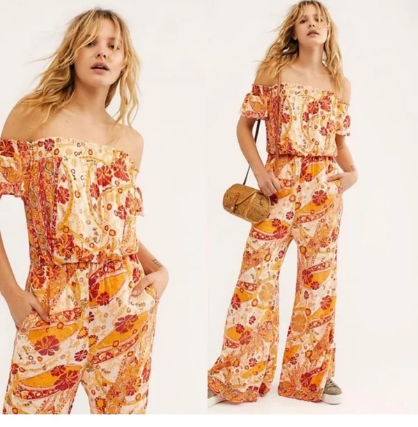 NWT Free People Carmen Jumpsuit Off Shoulder Floral Wide Leg Size Small Bohemian - Image 2