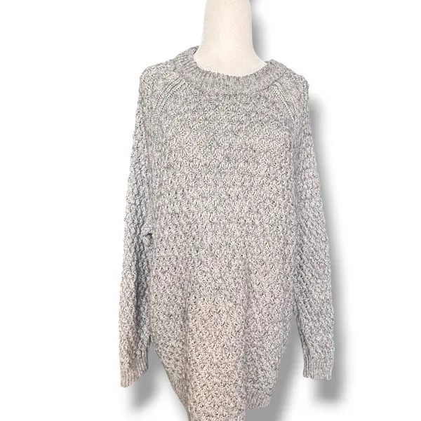 Gray Marled Chunky Open Knit Oversized Sweater Fisherman Cozy Cabin Crewneck - Image 4
