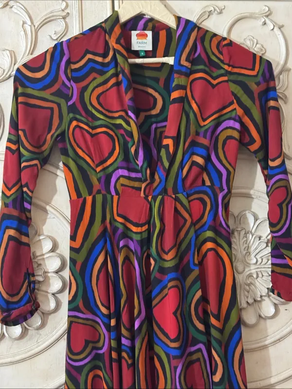 Farm Rio Rainbow Wild Hearts, Valentine Long Sleeve Maxi Dress Sz S Retail $220 - Image 4
