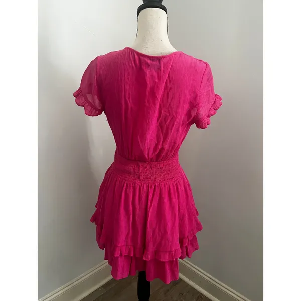 Hello Molly Pink Tiered Ruffle Mini Dress Small Tie Front Smocked Boho Romantic - Image 5