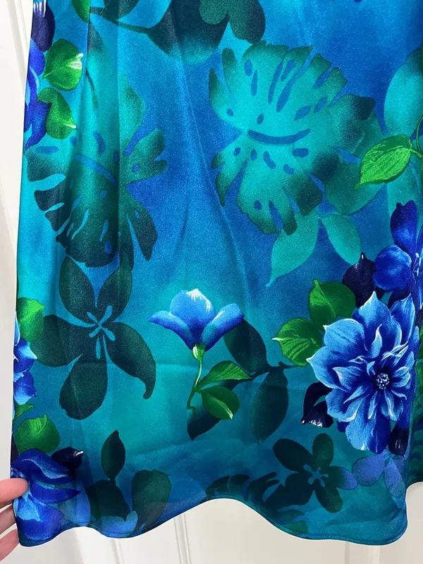 Y2K Tropical Floral & Monstera Leaf Print Satin Slip Dress - Size Large - Image 4