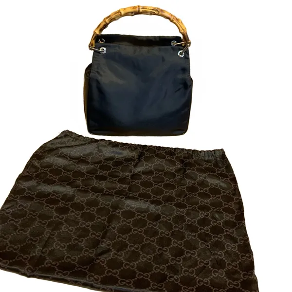 Gucci Black Nylon & Glazed Leather Tote Bag With Bamboo Handles - Image 9