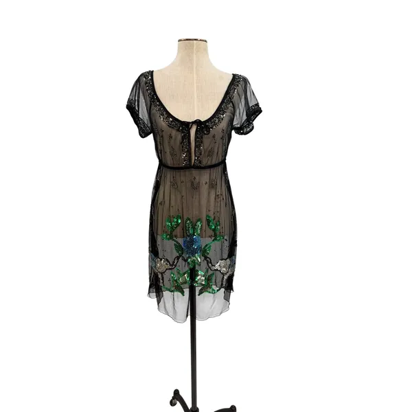 Free People Sequined Elephant Sheer Mesh Mini Dress Black‎ Embellished Size 2 - Image 3