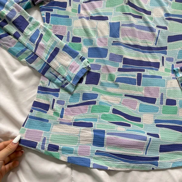 IBKUL Womens Blue Green Geometric Quarter Zip Sun Shirt Top Medium Gorpcore - Image 2